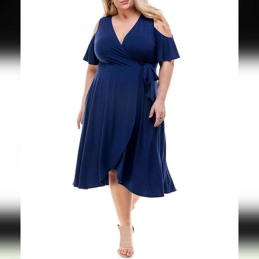 Kingston Grey Womens Blue Cold Shoulder Midi Dress/ 1X.